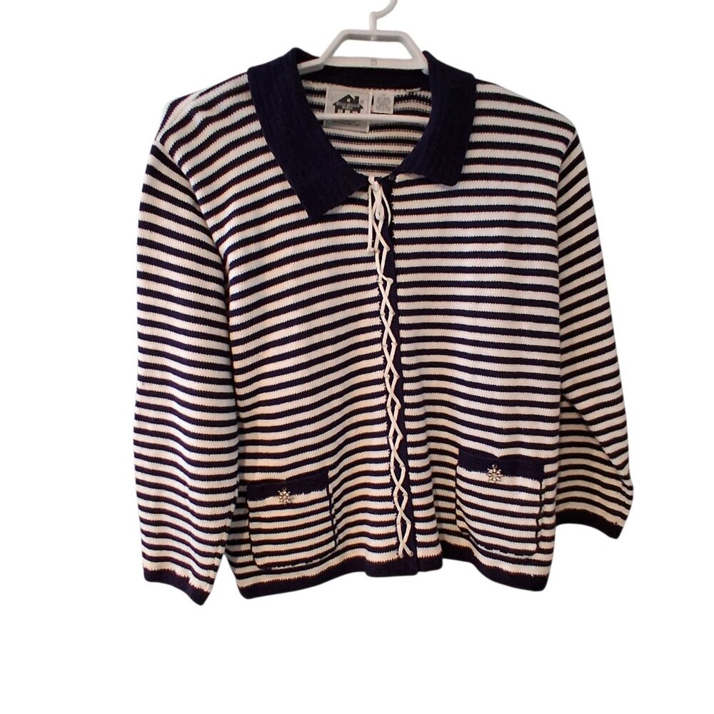 Storybook Knits HSN sweater 2X cardigan Sail Away navy striped nautical